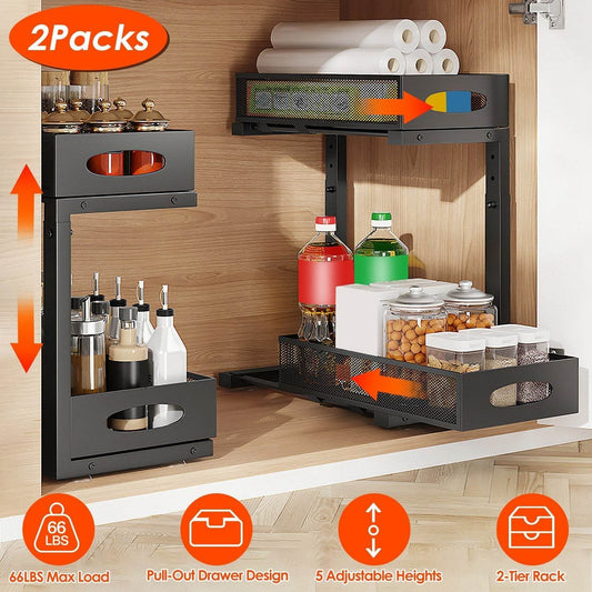 2Pcs Under Sink Organizer 2 Tier Pull Out Cabinet Baskets Storage Shelf Sliding Storage Drawers Rack With 5 Adjustable Height Mesh Baskets For Home Kitchen Bathroom Office - Velora