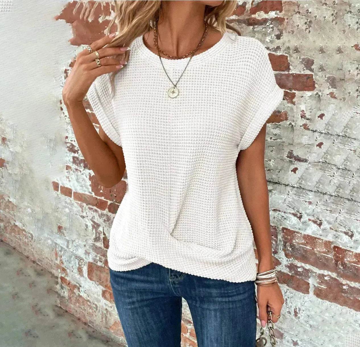Casual Summer Short-sleeved Waffle blouse Top Summer New Solid Color Casual Evening Top For Women - Velora