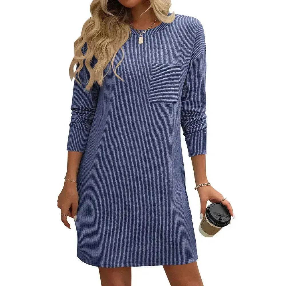Casual New Solid Color Striped With Pockets Long Sleeve Loose Mini Dress Fashion Round Neck Straight Dress Women's Clothing - Velora