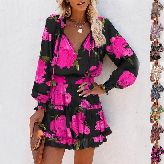 Flowers Print Long Sleeve Dress Fashion Patchwork Puff Sleeve Waist Dresses Womens Clothing - Velora