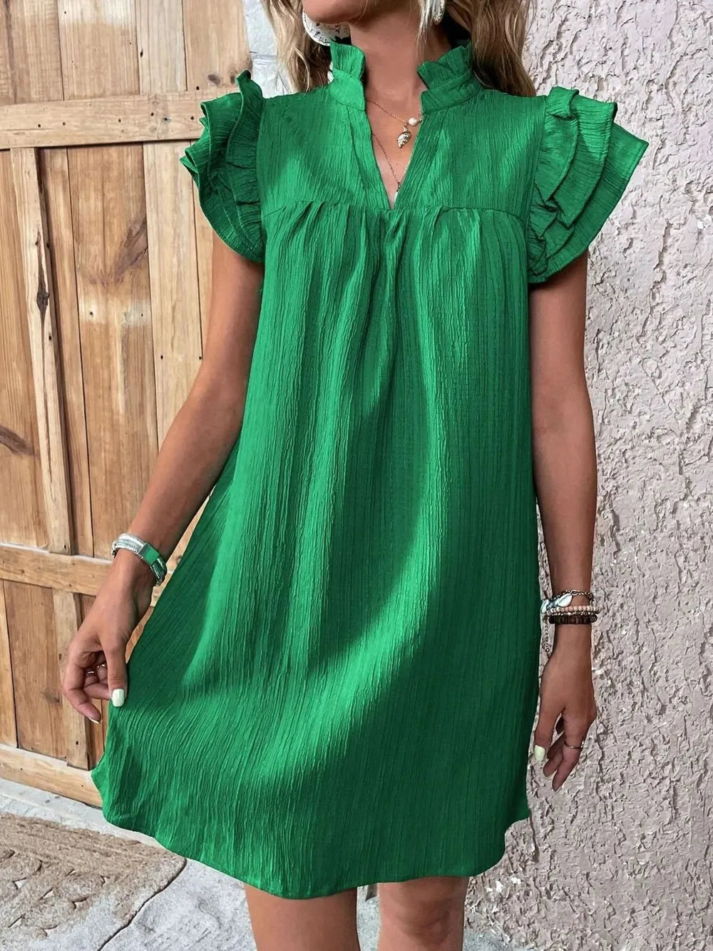 Ruffled Notched Cap Sleeve Mini Dress - Velora