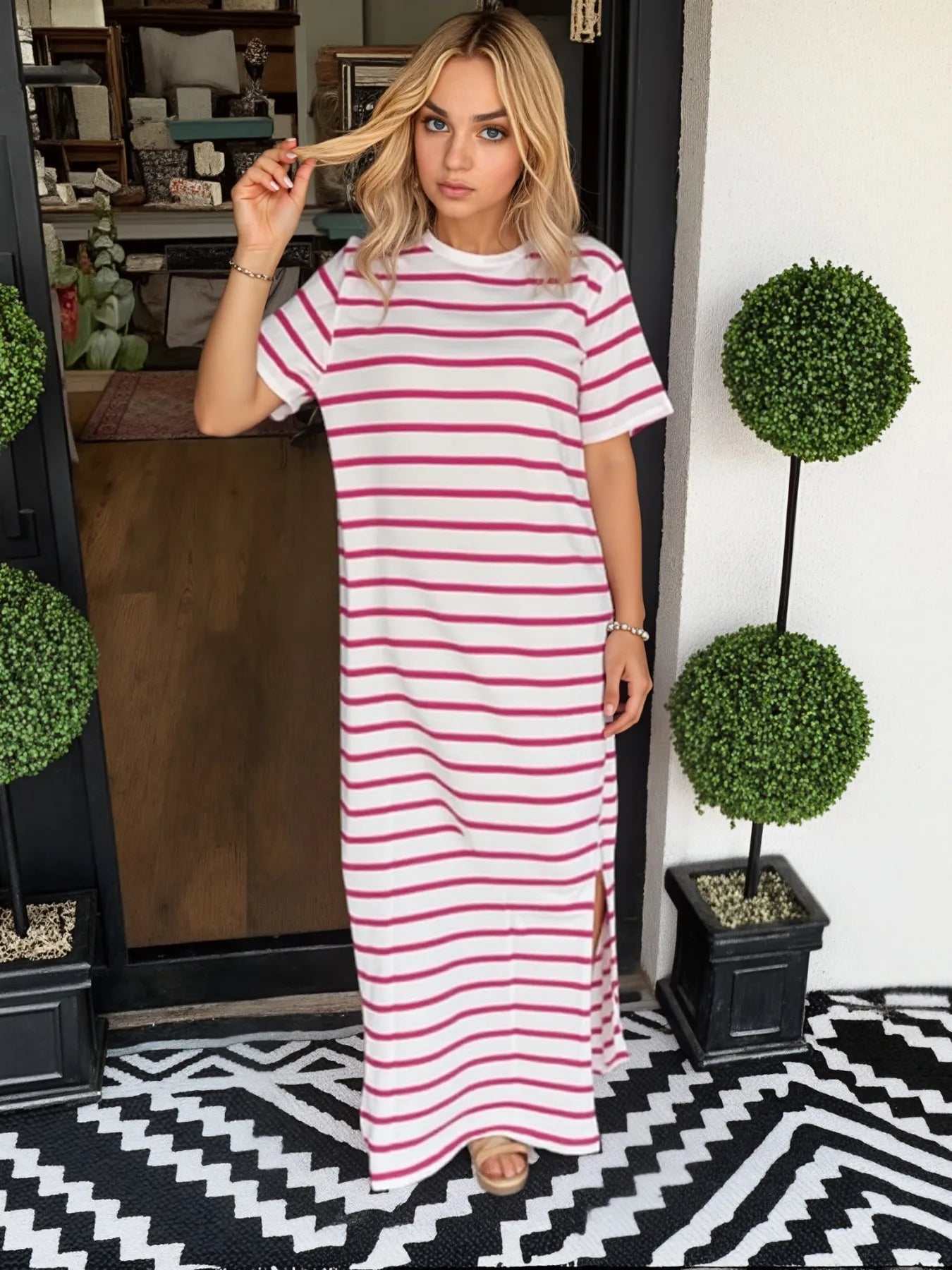 Full Size Striped T-Shirt Maxi Dress with Side Slit Plus Size - Velora