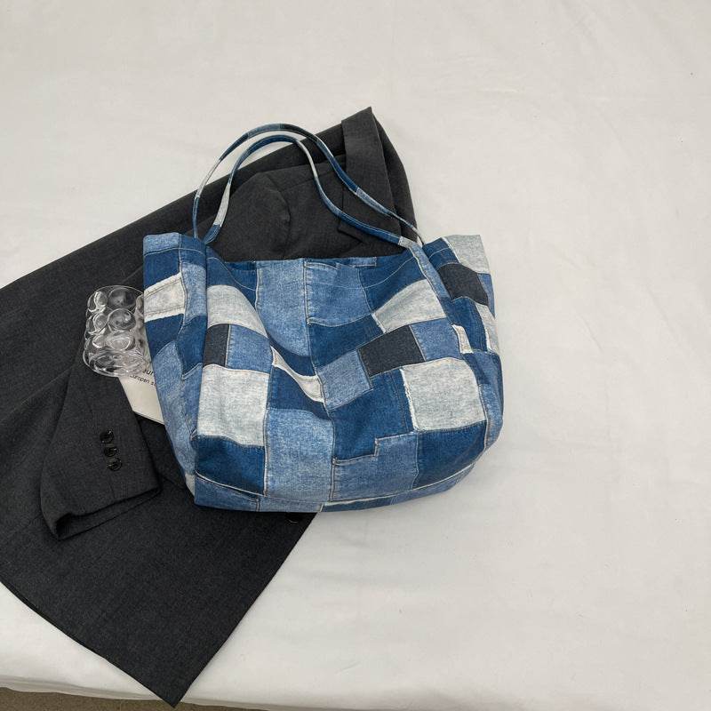 Women's Large Capacity Denim Color-contrast Check Idle Style Shoulder Commute Leisure Handbag Versatile Tote Bag - Velora
