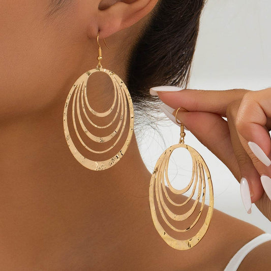 European And American Fashion Elegant 3 Layer Hollow Oval Shaped Big Gold-color Stainless Steel Dangle Drop Earrings - Velora