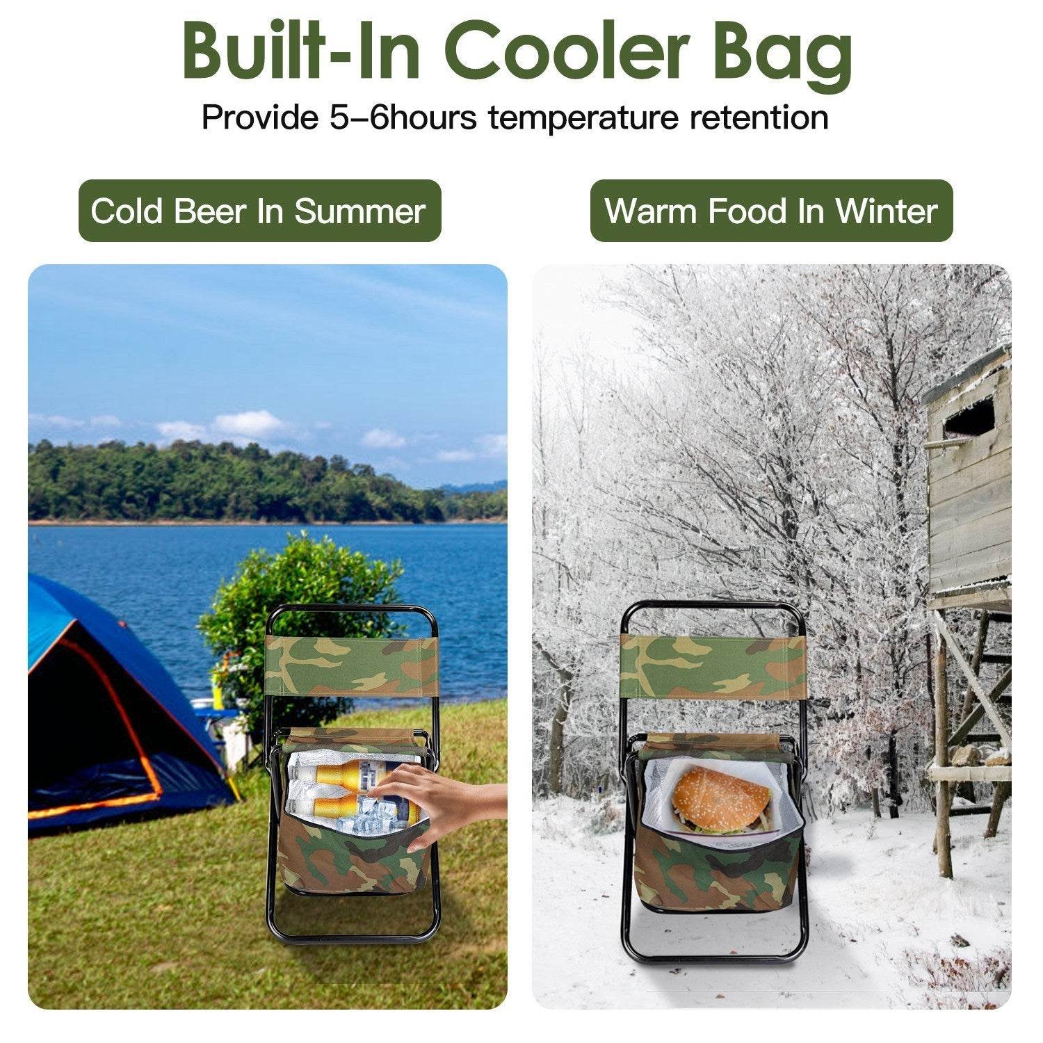 Foldable Fishing Chair With Backrest Built-In Cooler Bag Portable Handle Outdoor Lightweight Fishing Stool For Camping Hiking Hunting - Velora