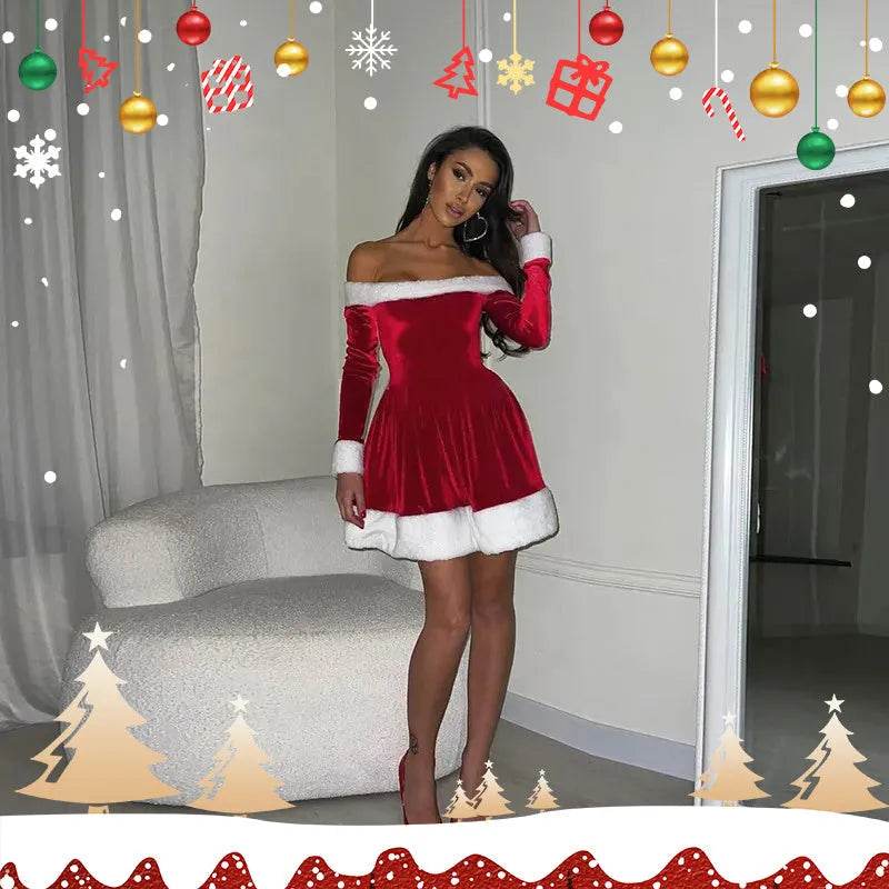 Women's Christmas Costume Santa Dress Plush Trim Boat-Neck Off-Shoulder Sleeve Dress New Year Party Cosplay Costume - Velora