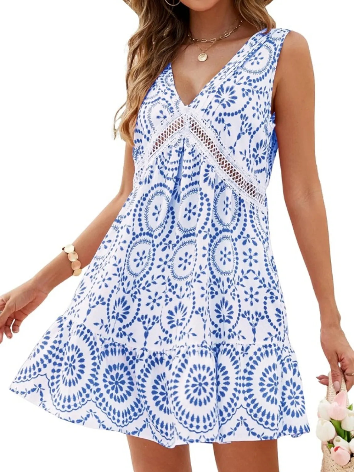 Printed V-Neck Sleeveless Mini Dress - Velora