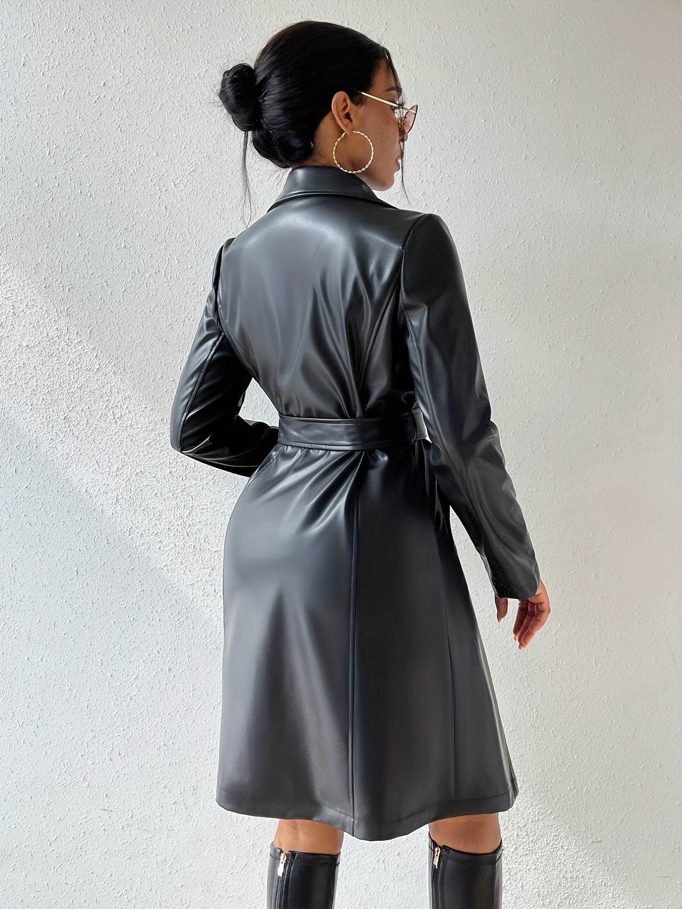 Long Sleeve Lapel PU Leather Jacket With Pockets Slim Fit Long Trench Coat Women's Clothing - Velora