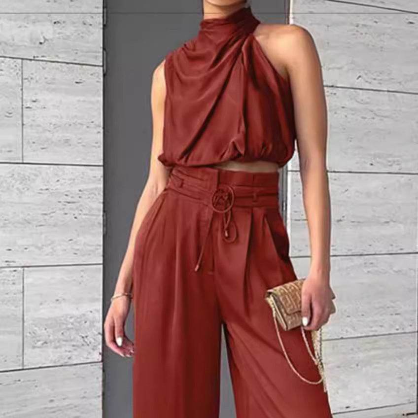 Summer Suits Casual Sleeveless Midriff-baring Top And Wide Leg Pants 2pcs Set Womens Clothing - Velora