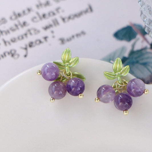 Female Purple Blueberry Fruit Beaded Earrings - Velora