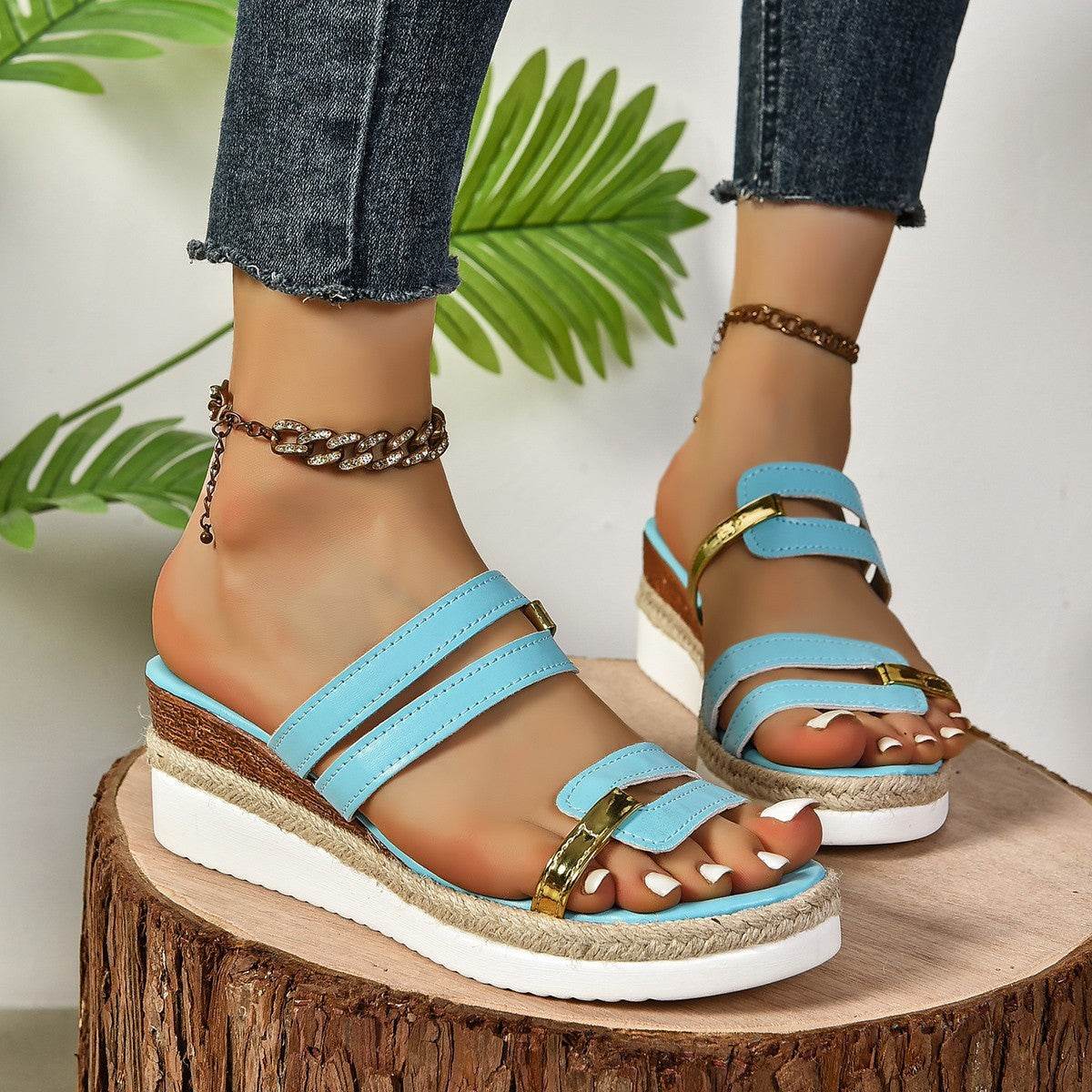 Colorblock-strap Wedges Sandals Summer Fashion Hemp Heel Slides Slippers Outdoor Thick Bottom Fish Mouth Shoes For Women - Velora