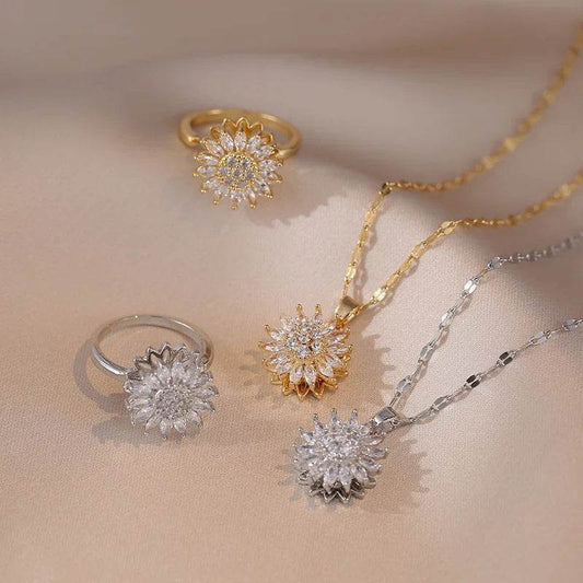 Classic Charm Sunflower Flower Stainless Steel Necklace Earrings Fashion Exquisite Micro Seed Jewelry Ring - Velora