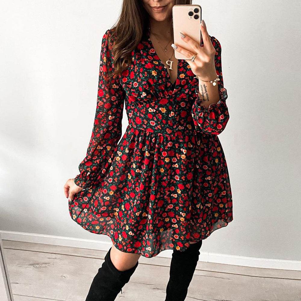 Spring Summer V-neck Long sleeve Floral Mini dress - Velora
