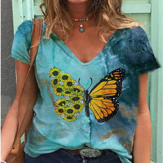 New Women's Digital Printing Explosive Short-sleeved V-neck T-shirt - Velora