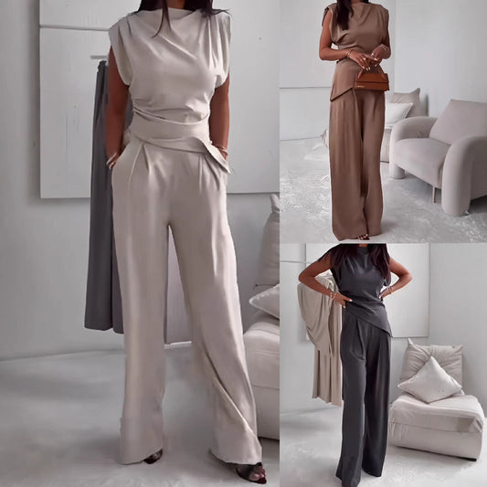 Women's Sleeveless Suit Fashion Slim Irregular Split Top And Straight Pants Solid Trouser Set Velora