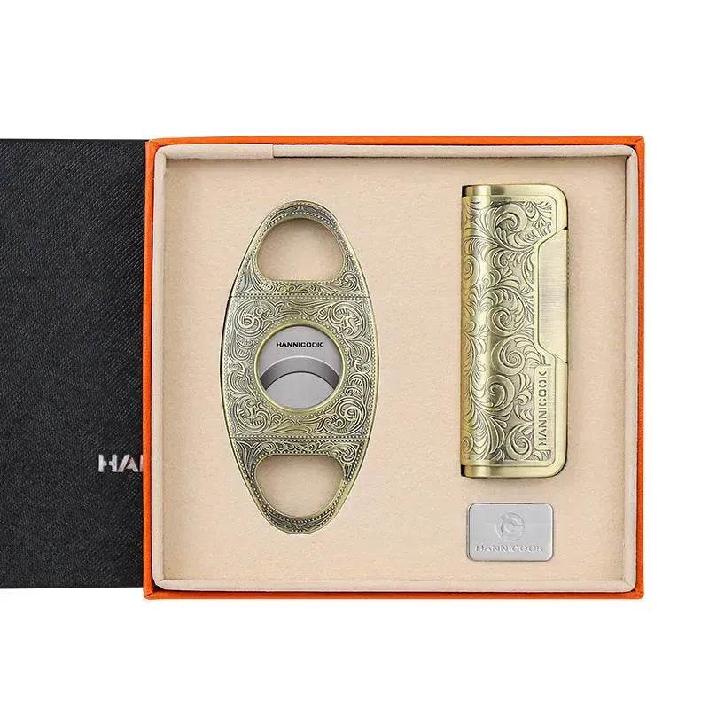 Embossed Portable Metal Alloy Cigar Cutter and Torch Lighter Gift box set - Velora