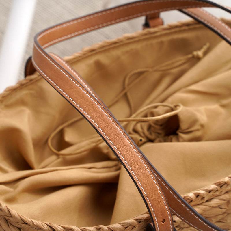 Large Capacity Fashion Urban Simple White Khaki Straw Braided shopper Beach Bag - Velora