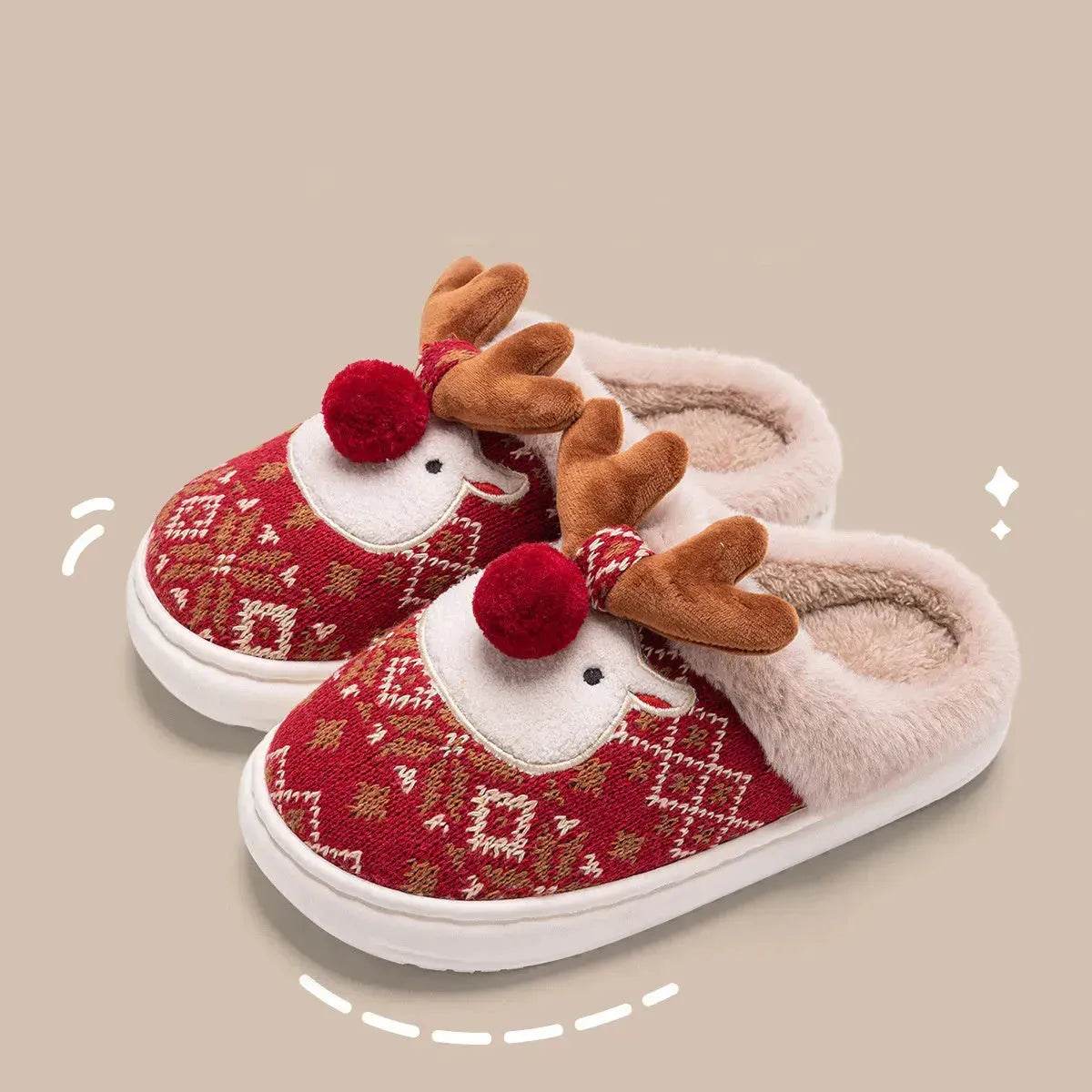 Cute Christmas Elk Plush Slippers Winter Ins Fashion Non-slip Floor Bedroom Home Slippers For Women Fuzzy House Shoes - Velora