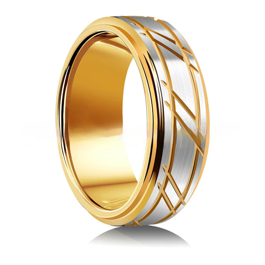 Men's Yellow Gold 8mm Simple Design Polished Twill Tungsten Ring - Velora