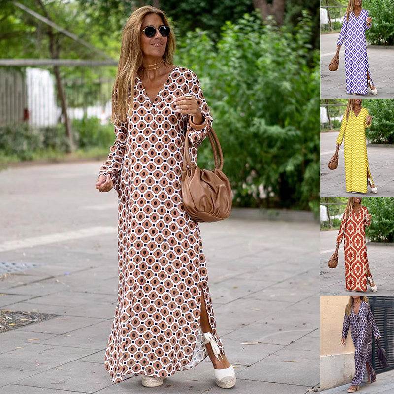 Summer Geometric Printed V-neck Long Dress Fashion Long Sleeve Slit Dresses For Women - Velora