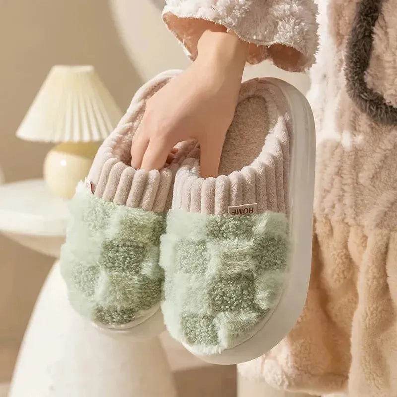 Plaid Plush Slippers Women's Indoor Plush Home Slippers Soft Sole Thick Non-Slip Warm House Shoes Couple Autumn And Winter - Velora
