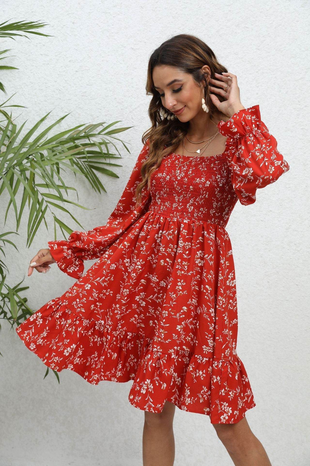 Casual Spring And Summer lantern Sleeve floral Mini Dress - Velora
