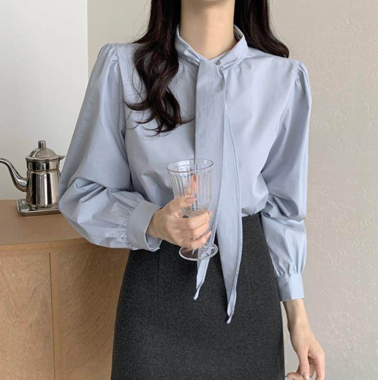 Spring New Gentle Lace-up Bow Tie Design Puff Sleeve Solid Color Shirt For Women - Velora