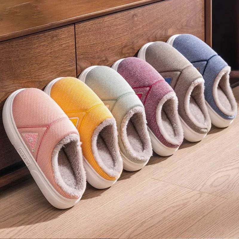 Solid Striped Home Slippers Winter Warm Fleece Shoes Men Indoor Bedroom Floor Plush Slippers For Women Couple - Velora
