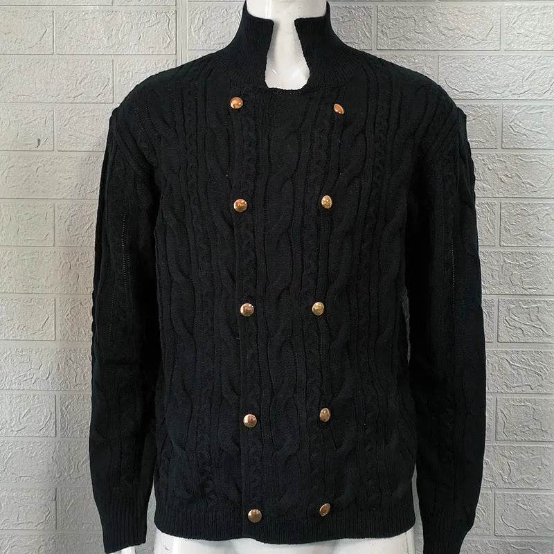 Men's Pure Color Half Collar Double-breasted Knitted Sweater Coat - Velora