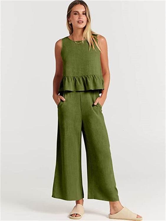 Casual Suit Summer Sleeveless Pleated Vest And Wide-leg Cropped Pants Fashion Two Piece Sets Women - Velora