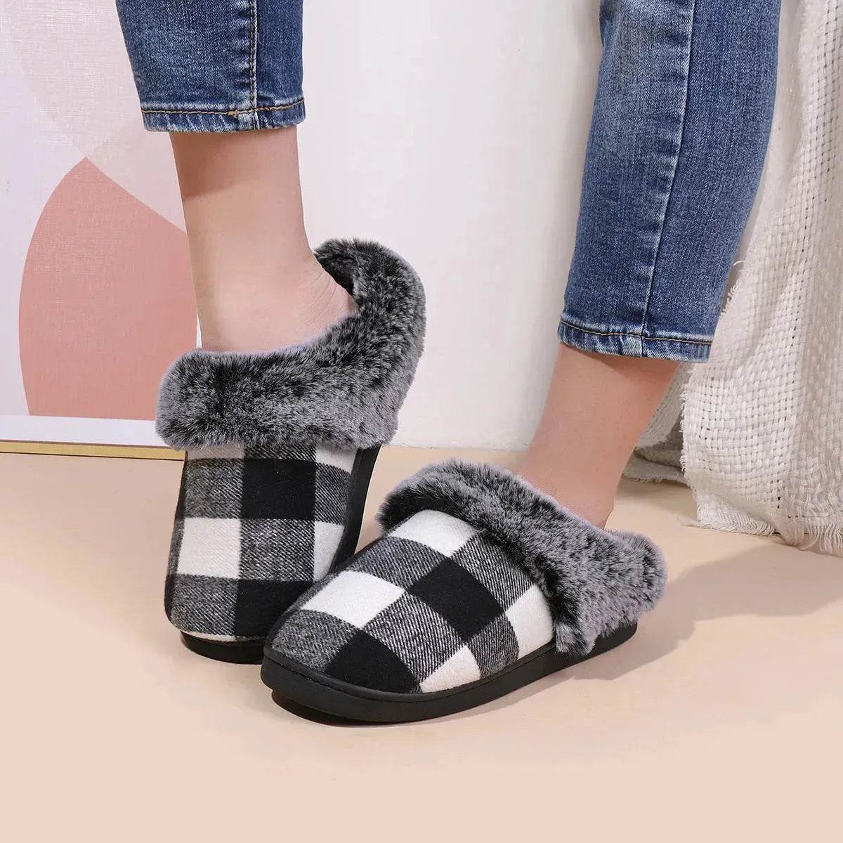 Winter Warm Plaid Plush Slippers Home Indoor Non-slip Bedroom Floor Soft Fuzzy Slipper For Couple Fashion Solid House Shoes - Velora