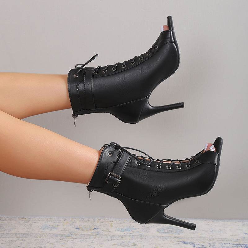 Women's Peep Toe High Heel Pumps Shoes Fashion Lace-up Buckle Sandals With Back Zipper Design - Velora