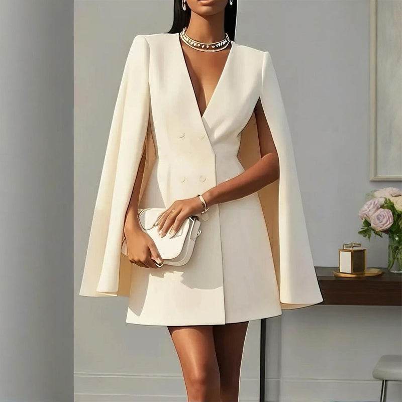 Formal V Neck Double-Breasted Mini Cape Sleeve Dress - Velora