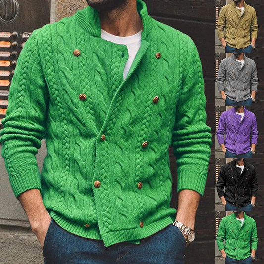 Men's Pure Color Half Collar Double-breasted Knitted Sweater Coat - Velora