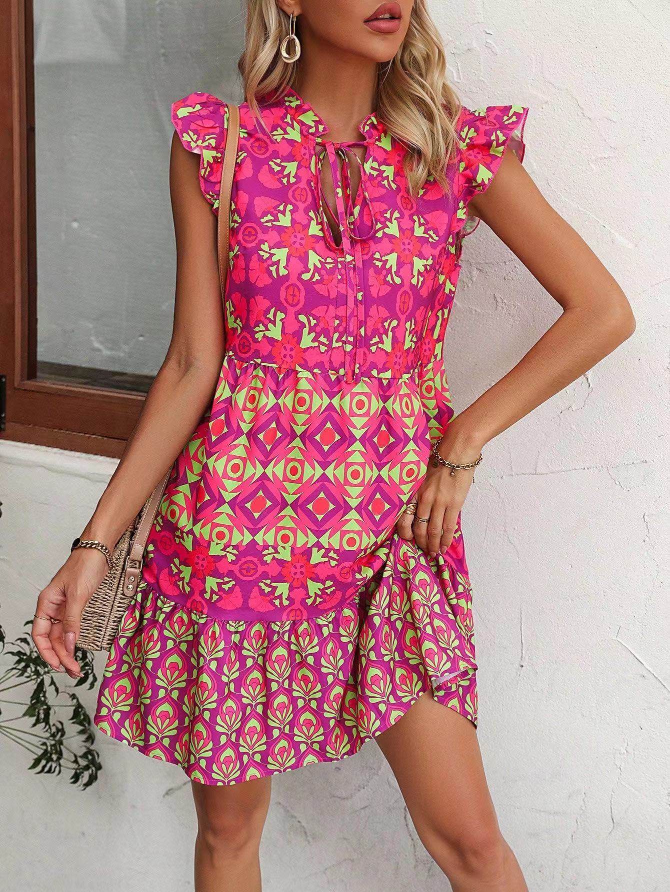Printed Sleeveless Dress Summer Fashion V-Neck Lace-up Straight Dresses For Womens Clothing - Velora