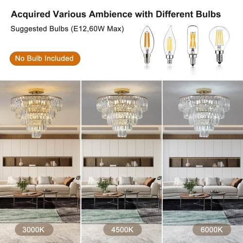Golden Crystal Chandelier, 5-layer Round Semi-recessed Chandelier Lamp, Large Modern Luxury Chandelier, Suitable For Living Room, Dining Room, Bedroom, Corridor - Velora