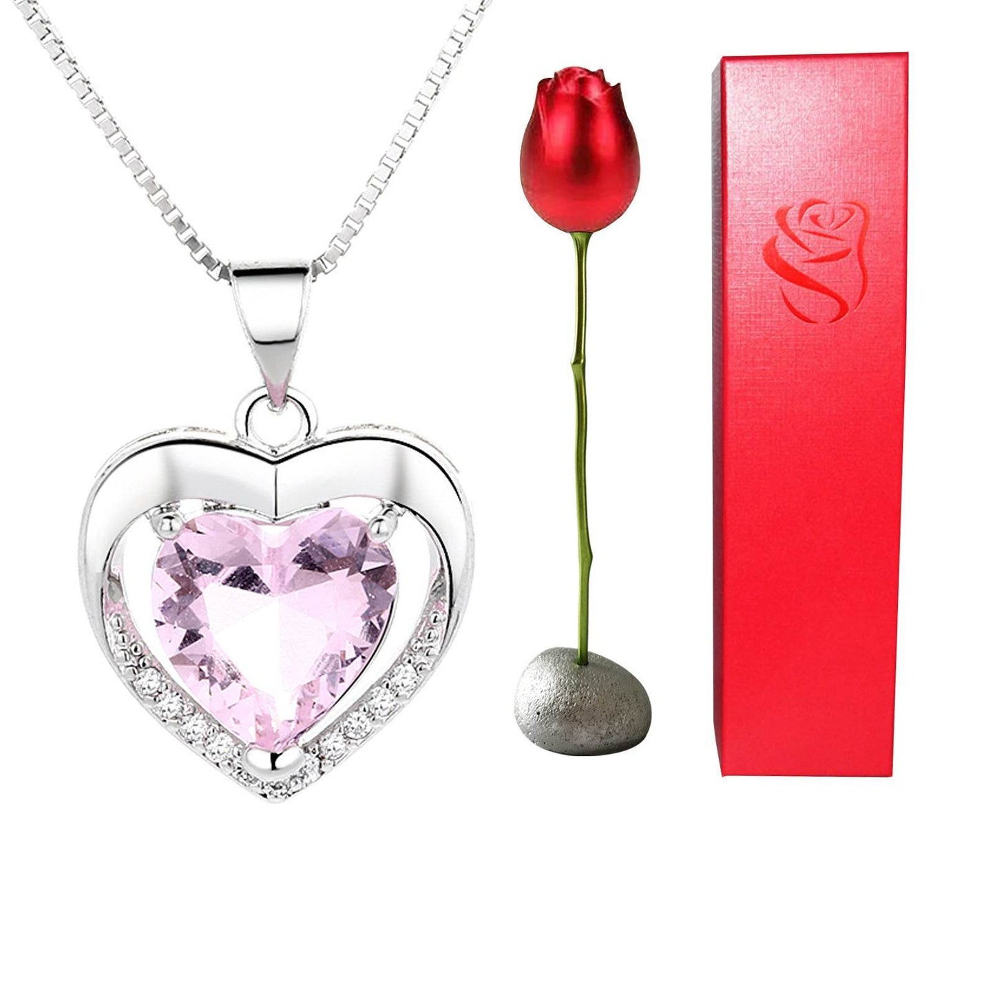 Valentines Day Gift Heart Shaped Blue Purple Crystal Diamond Pendant Rose Head Necklace - Velora