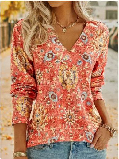 Big Size Bohemian Printed Long Sleeve T-Shirt Summer Fashion V-Neck Top Beach Clothing For Women - Velora