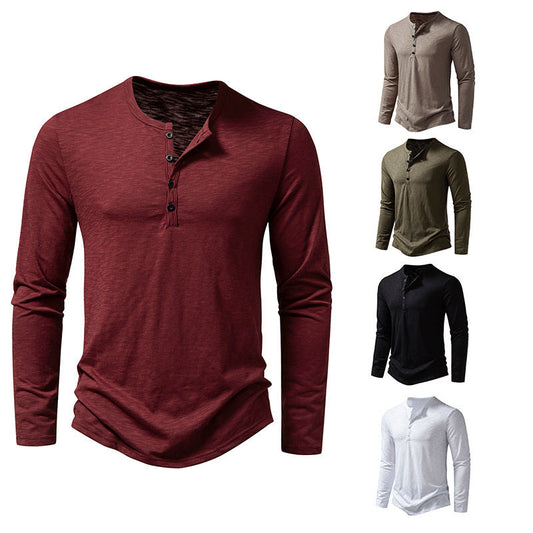 Men's Long-sleeved T-shirt Fashion Casual Solid Color Pullover Button Top Autumn And Spring Clothing - Velora