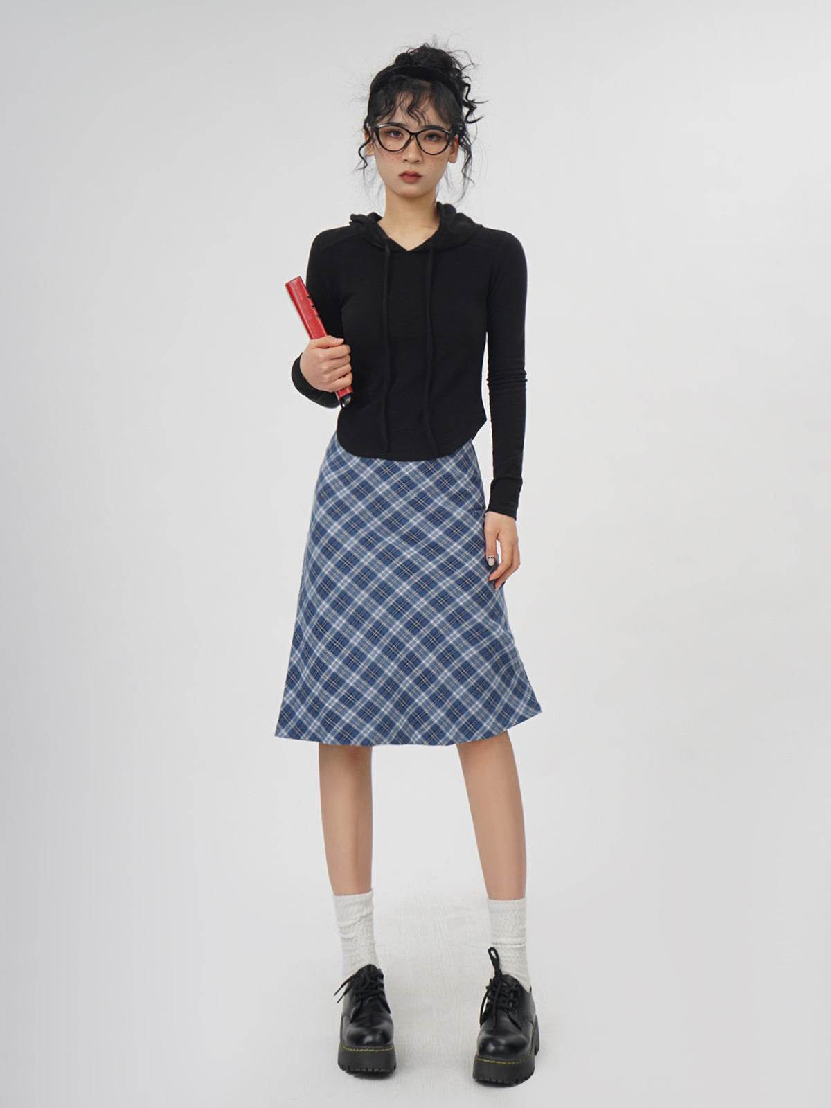 Plaid A- Line Skirt Women's High Waist student Midi Skirt - Velora