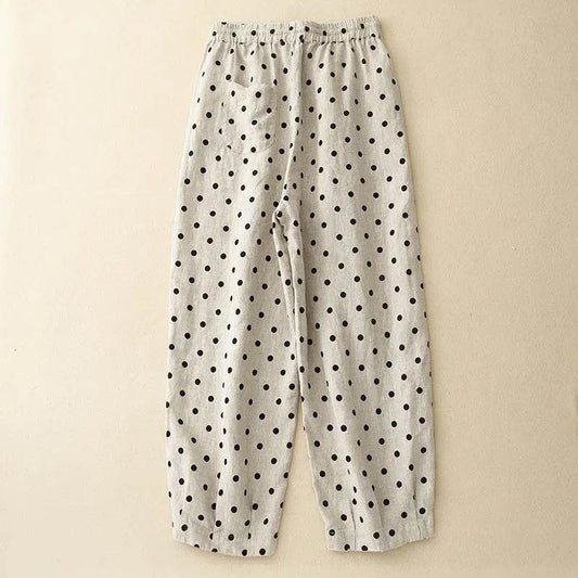 Cotton Hemp Polka Dots Tied Elastic Waist Harem wide leg trouser Pants For Women - Velora