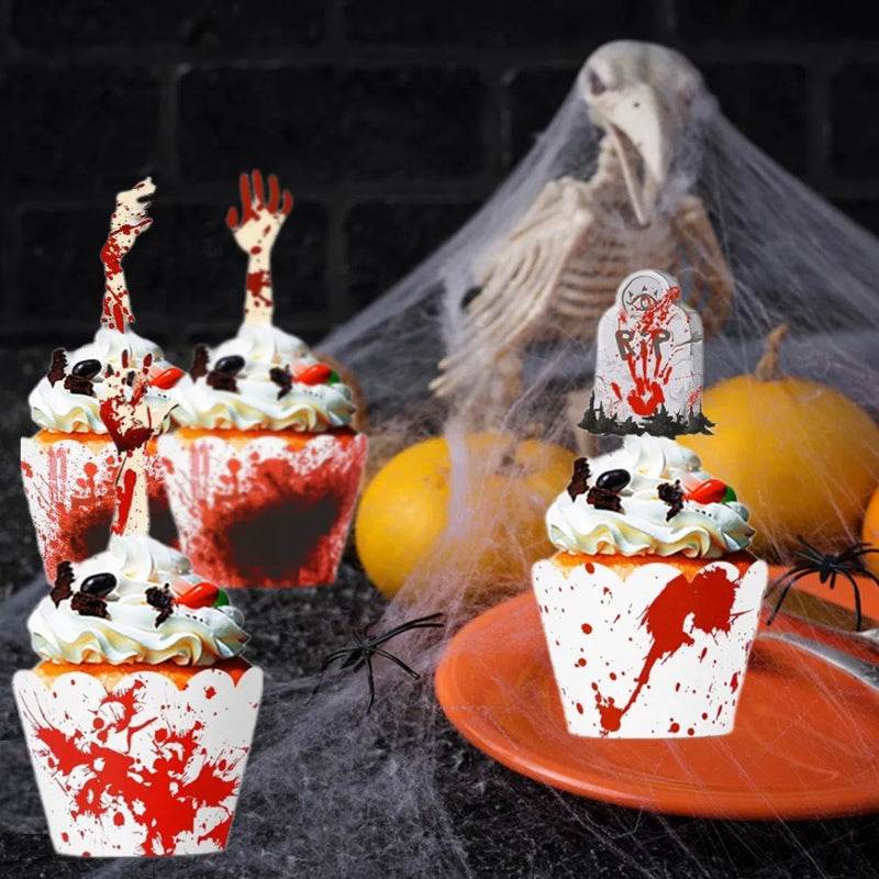 48Pcs Halloween Cupcake Toppers Wrappers Rip Kit Bloody Zombie Hand Cupcake Pick Decorations For Halloween Horror Movie Bloody Theme Birthday Party Cake Decorations Supplies - Velora