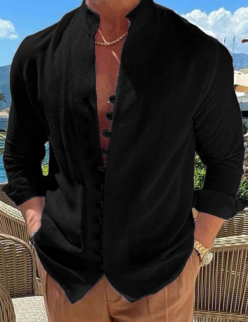 Retro Button Design Long-sleeved Shirt Men's Casual Loose Top Mens Clothing - Velora