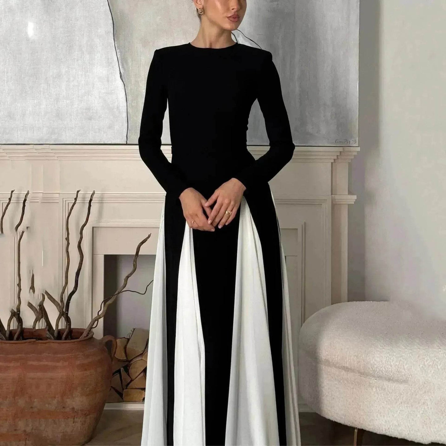 Luxury Classy Women's Black And White Stitching Long Sleeve Dress Long Skater Dress Flared Dress for Wedding Evening Party Cocktail Dress - Velora