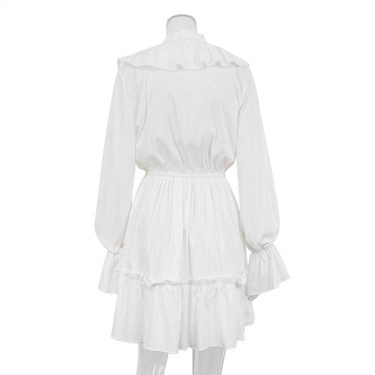 Fashion V Neck Pleated Ruffle Long Sleeve Dress Y2K V Neck Flared Sleeve Short Dress Women's Clothing - Velora
