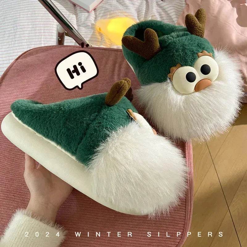 Cute Cartoon Christmas Deer Cotton Shoes Winter Indoor Floor Home Slippers Half-covered Heel Warm Plush Shoes Women - Velora