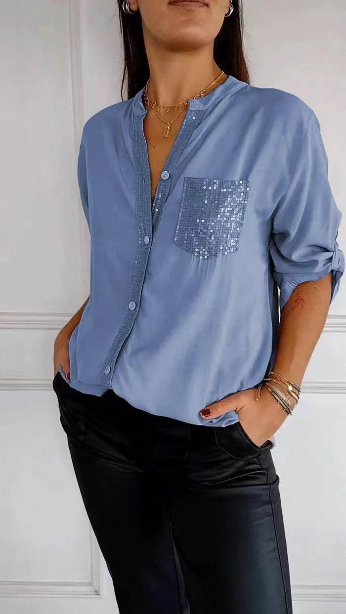 Casual Button-down Long Sleeve Shirt With Sequin Pocket Design Fashion Commuter Top Women Clothing - Velora