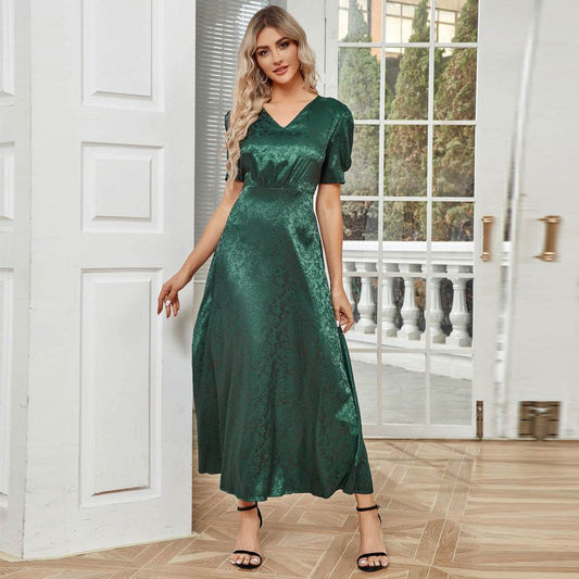 High Waist Pure Color V-neck Puff Sleeve Dress - Velora