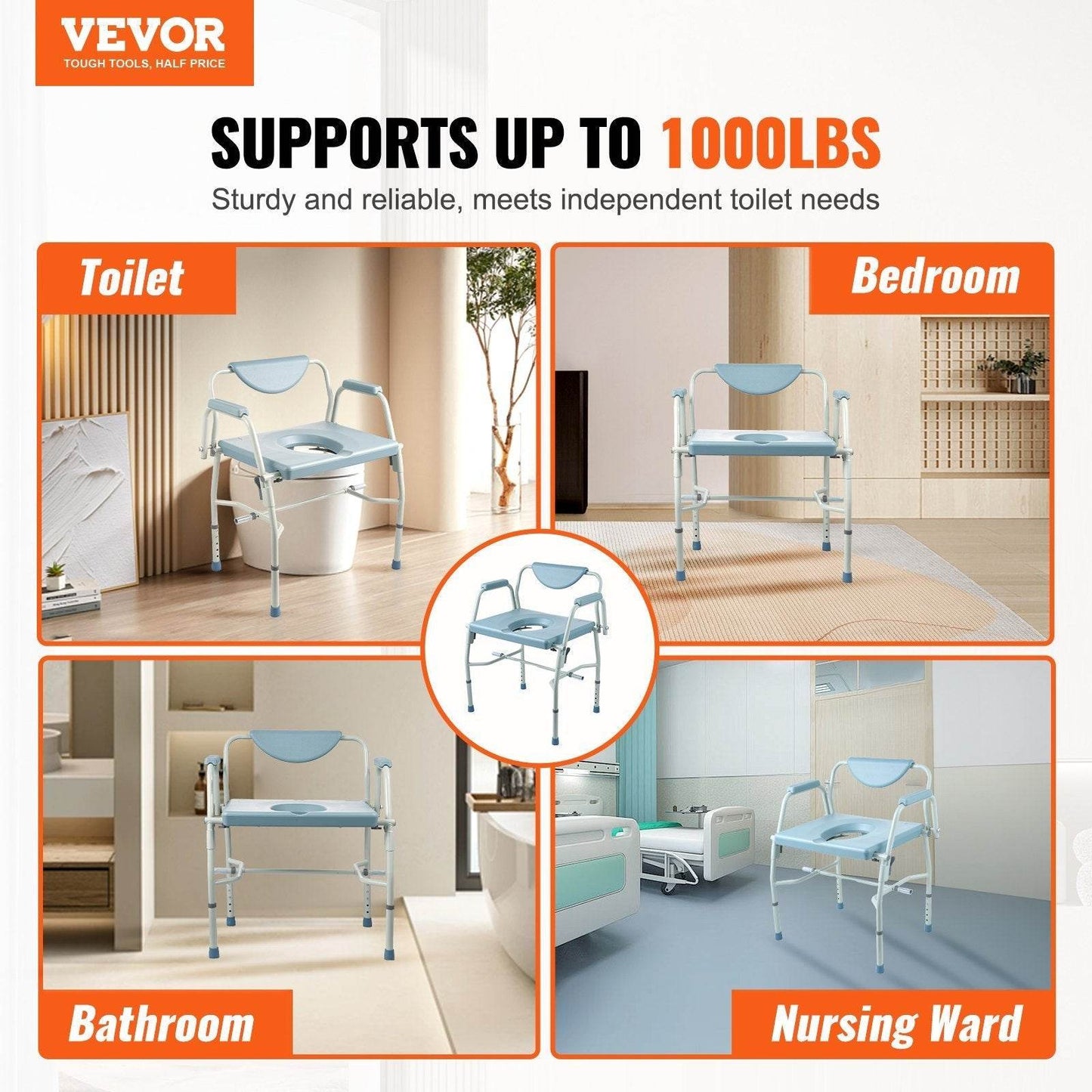 Commode Chair, Bedside Commode With Drop-Down Arms And Detachable Backrest, 5-Level Adjustable Height, 7L Removable Bucket, Easy To Assemble, 1000LBS Capacity, Portable Toilet For Adults Seniors - Velora