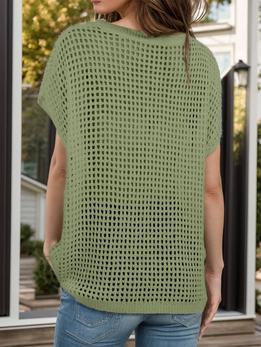 Openwork Round Neck Short Sleeve Cover-Up - Velora